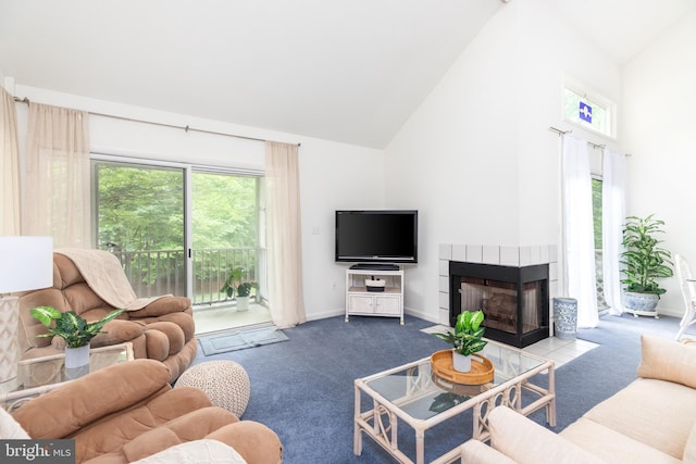 33340 Timberview Ct Unit 21003, Bethany Beach, DE 19930 - carpeted living area with high vaulted ceiling, a fireplace, and baseboards