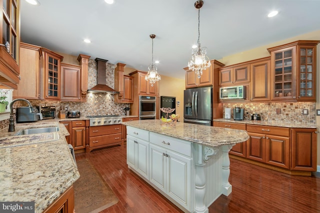 60 Sleepy Hollow Dr, Tabernacle, NJ 08088 - kitchen featuring appliances with stainless steel finishes, wall chimney exhaust hood, brown cabinetry, and recessed lighting