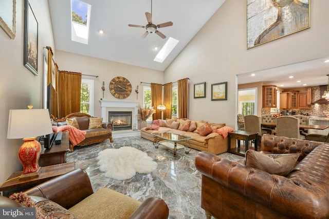 60 Sleepy Hollow Dr, Tabernacle, NJ 08088 - living room with a skylight, high vaulted ceiling, a ceiling fan, recessed lighting, and a glass covered fireplace