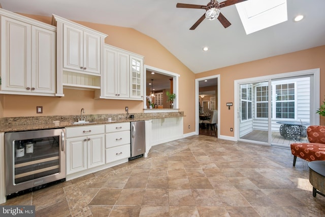 60 Sleepy Hollow Dr, Tabernacle, NJ 08088 - kitchen with wine cooler, lofted ceiling, a sink, fridge, and ceiling fan