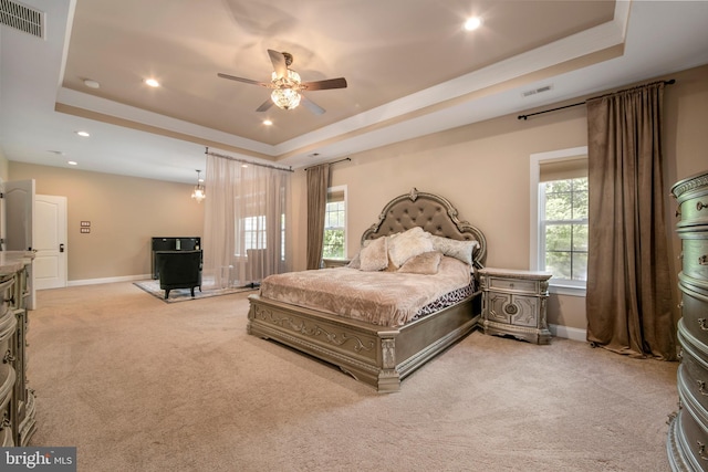 60 Sleepy Hollow Dr, Tabernacle, NJ 08088 - bedroom with a raised ceiling, light colored carpet, baseboards, recessed lighting, and ceiling fan