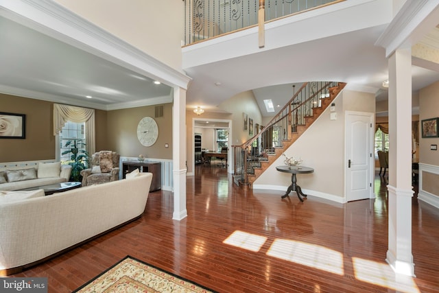 60 Sleepy Hollow Dr, Tabernacle, NJ 08088 - living room featuring stairs, hardwood / wood-style floors, ornate columns, baseboards, and ornamental molding