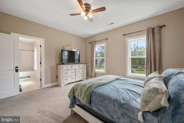 60 Sleepy Hollow Dr, Tabernacle, NJ 08088 - bedroom featuring light carpet, baseboards, ensuite bathroom, and a ceiling fan