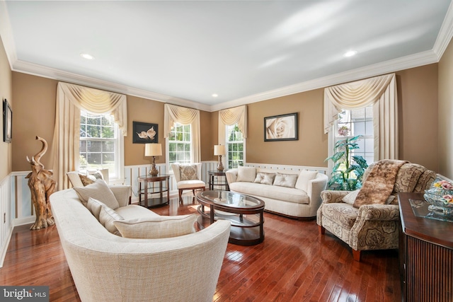60 Sleepy Hollow Dr, Tabernacle, NJ 08088 - living room with plenty of natural light, hardwood / wood-style flooring, ornamental molding, and a wainscoted wall
