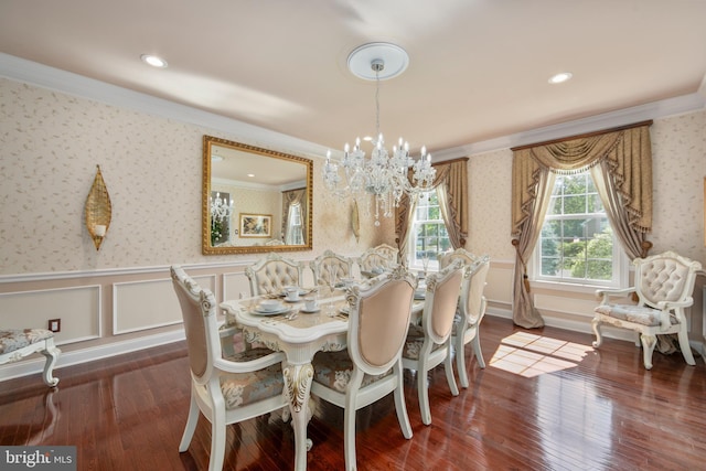 60 Sleepy Hollow Dr, Tabernacle, NJ 08088 - dining area with crown molding, wallpapered walls, a chandelier, wainscoting, and hardwood / wood-style flooring