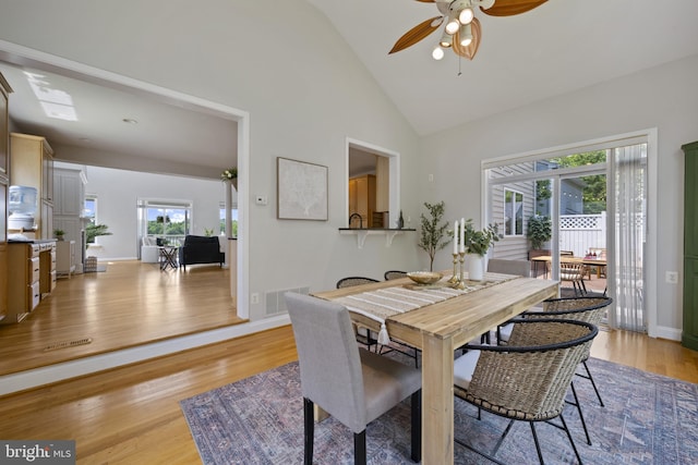 3403 Niagara Rd, Annapolis, MD 21403 - dining area with a ceiling fan, light wood-type flooring, and high vaulted ceiling