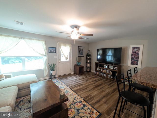 513 Dakemich Ct, Enola, PA 17025 - living room featuring ceiling fan, dark wood-type flooring, and baseboards