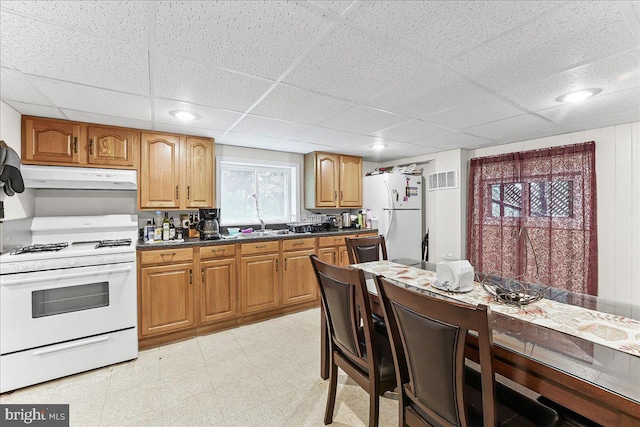 320 Lees Brg, Nottingham, PA 19362 - kitchen featuring white appliances, under cabinet range hood, a paneled ceiling, dark countertops, and light flooring