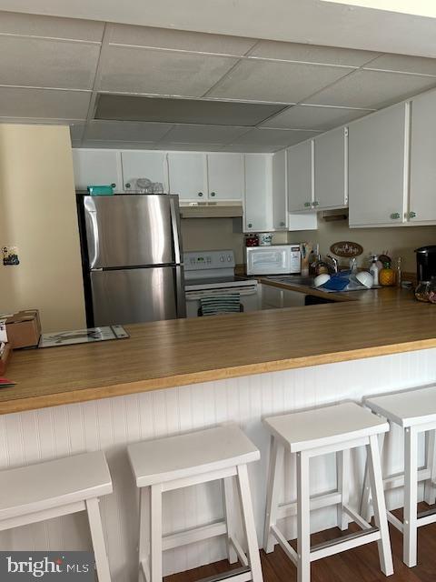 13 60th St Unit 201, Ocean City, MD 21842 - kitchen with freestanding refrigerator, under cabinet range hood, electric range, white microwave, and a drop ceiling
