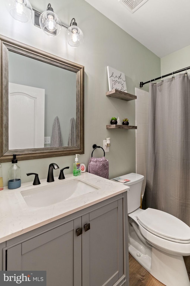 42026 Zircon Dr, Aldie, VA 20105 - bathroom with vanity, toilet, wood finished floors, and curtained shower