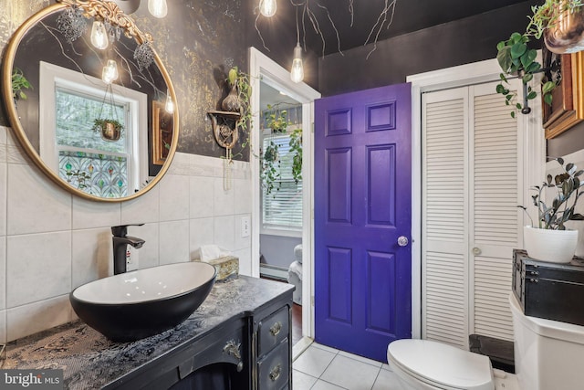 32 Jacobstown Rd, New Egypt, NJ 08533 - bathroom with a closet, toilet, vanity, wallpapered walls, and tile walls