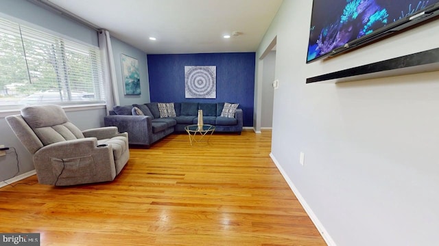 35 Bayberry Rd, Ewing, NJ 08618 - living room with light wood-style floors, baseboards, recessed lighting, and an accent wall