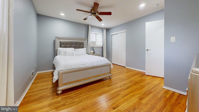 35 Bayberry Rd, Ewing, NJ 08618 - bedroom with light wood-type flooring, recessed lighting, baseboards, a closet, and a ceiling fan