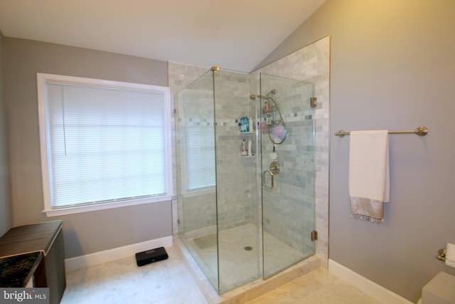 1300 Park Garden Ln, Reston, VA 20194 - full bathroom featuring a stall shower, baseboards, and lofted ceiling