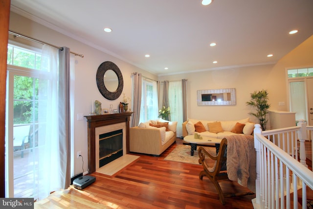 1300 Park Garden Ln, Reston, VA 20194 - living room featuring wood finished floors, recessed lighting, ornamental molding, and a premium fireplace