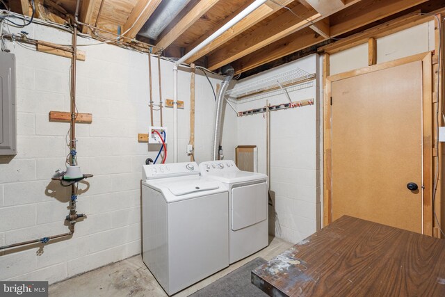 9441 Clocktower Ln, Columbia, MD 21046 - washroom featuring washing machine and dryer, concrete block wall, and electric panel