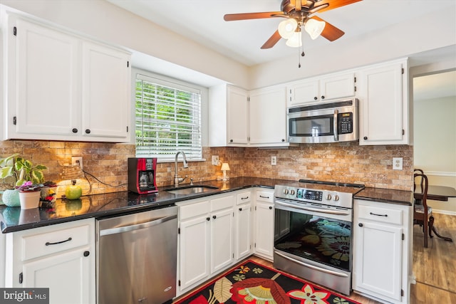 922 Pheasant Run Dr, Gaithersburg, MD 20878 - kitchen featuring appliances with stainless steel finishes, a sink, white cabinets, and ceiling fan