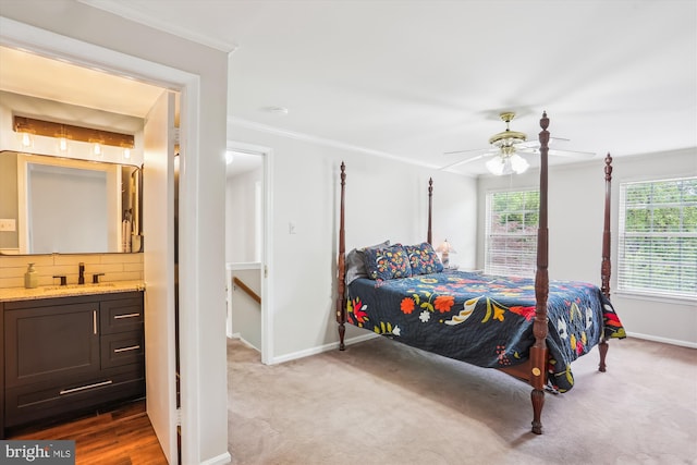 922 Pheasant Run Dr, Gaithersburg, MD 20878 - bedroom featuring a sink, baseboards, ensuite bath, ornamental molding, and carpet