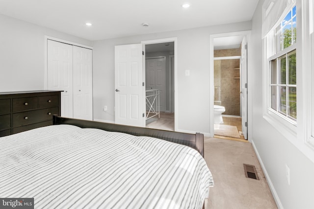 12419 Melling Ln, Bowie, MD 20715 - bedroom with light colored carpet, baseboards, a closet, recessed lighting, and ensuite bath