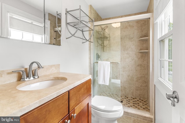 12419 Melling Ln, Bowie, MD 20715 - bathroom featuring a stall shower, toilet, vanity, and plenty of natural light