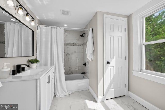1402 W Old Cold Spring Ln, Baltimore, MD 21209 - bathroom with marble look tiles, baseboards, vanity, shower / bath combination with curtain, and recessed lighting