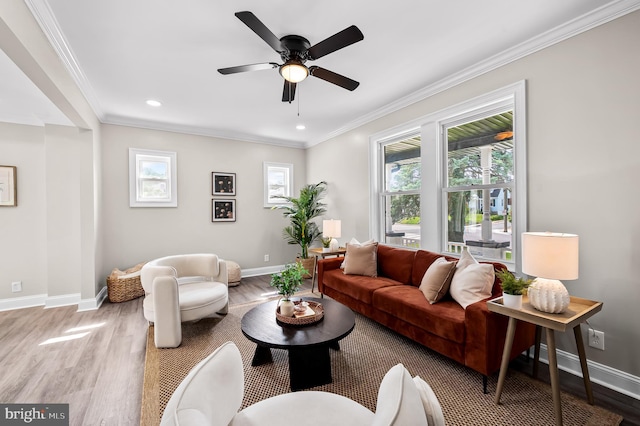 1402 W Old Cold Spring Ln, Baltimore, MD 21209 - living room with wood finished floors, baseboards, crown molding, recessed lighting, and a ceiling fan