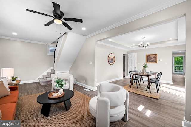 1402 W Old Cold Spring Ln, Baltimore, MD 21209 - living room with a chandelier, recessed lighting, stairway, wood finished floors, and baseboards