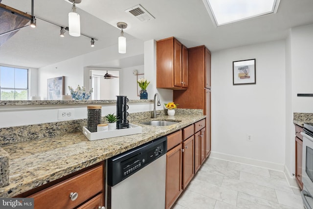 11800 Sunset Hills Rd Unit 717, Reston, VA 20190 - kitchen with dishwasher, a sink, brown cabinetry, baseboards, and light stone counters