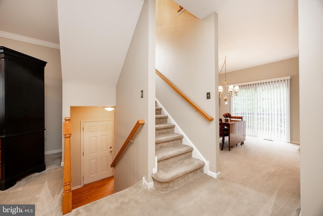 19 Cameron Ct, Royersford, PA 19468 - stairs with carpet floors, baseboards, a chandelier, and lofted ceiling