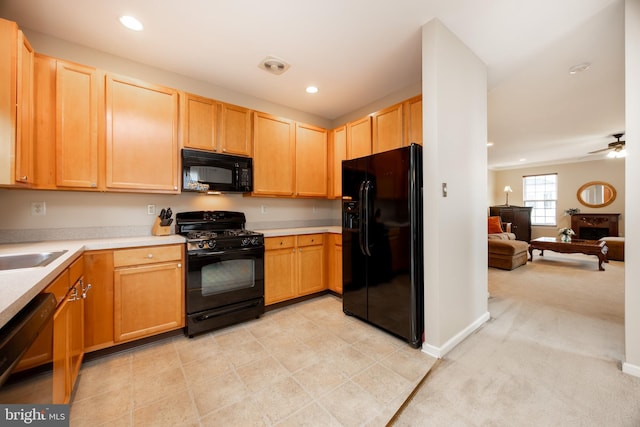19 Cameron Ct, Royersford, PA 19468 - kitchen featuring black appliances, light brown cabinetry, recessed lighting, light countertops, and ceiling fan
