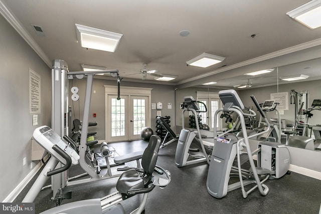 19 Cameron Ct, Royersford, PA 19468 - exercise room with ceiling fan, french doors, ornamental molding, and baseboards