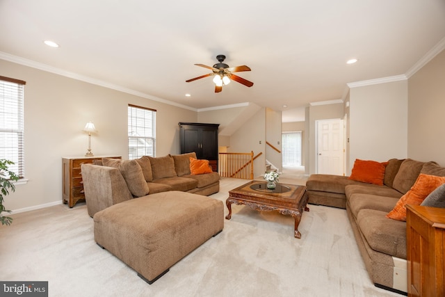 19 Cameron Ct, Royersford, PA 19468 - living area with a ceiling fan, recessed lighting, baseboards, ornamental molding, and stairway