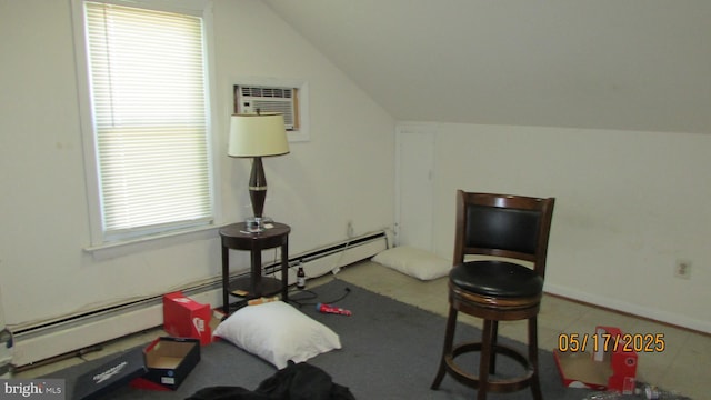 8804 48th Ave, College Park, MD 20740 - sitting room featuring vaulted ceiling, baseboard heating, and an AC wall unit