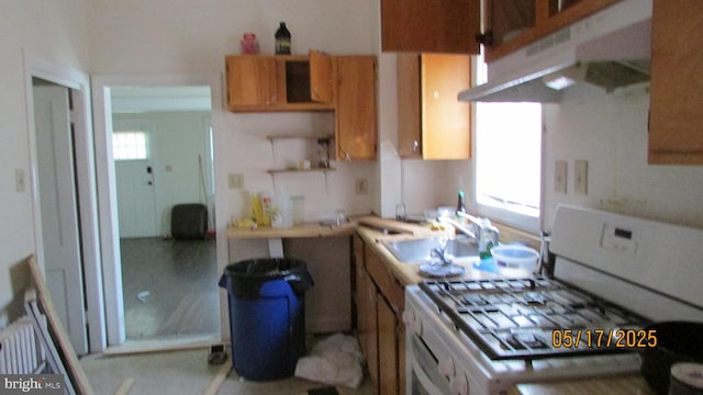 8804 48th Ave, College Park, MD 20740 - kitchen featuring white gas stove, under cabinet range hood, a sink, brown cabinets, and light countertops
