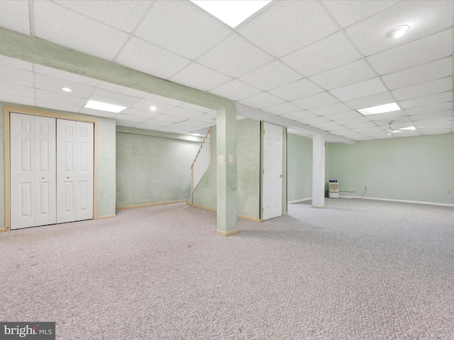 95 Comanche Dr, Auburn, PA 17922 - finished basement featuring a drop ceiling, carpet, stairway, and recessed lighting