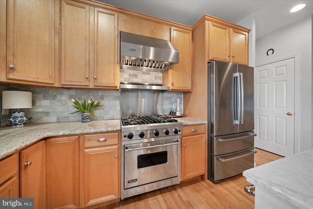 3 Graham Ct, Middletown, DE 19709 - kitchen featuring stainless steel appliances, under cabinet range hood, light wood-style floors, tasteful backsplash, and recessed lighting