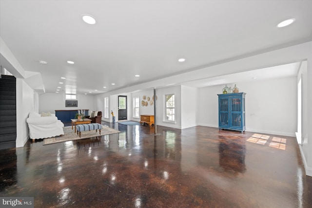 3 Graham Ct, Middletown, DE 19709 - living room featuring recessed lighting, stairs, concrete flooring, and baseboards