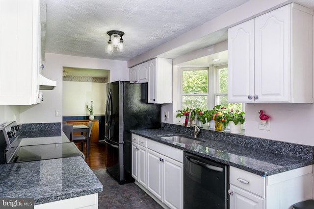 10263 Wayover Way, Columbia, MD 21046 - kitchen featuring black dishwasher, a sink, stainless steel electric range oven, white cabinetry, and a textured ceiling