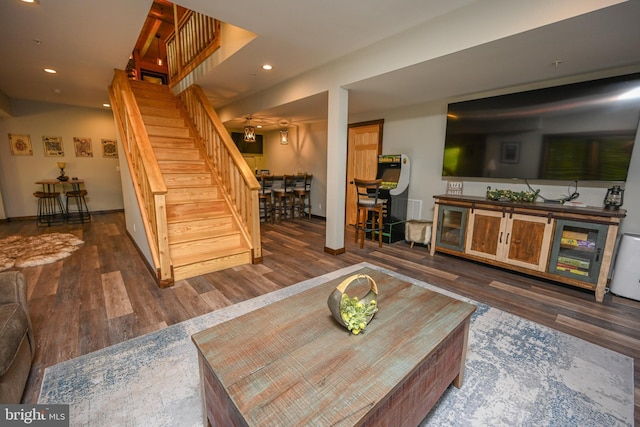 90 Biltmore Ridge Trl, Mc Henry, MD 21541 - living area with stairs, wet bar, wood finished floors, recessed lighting, and baseboards