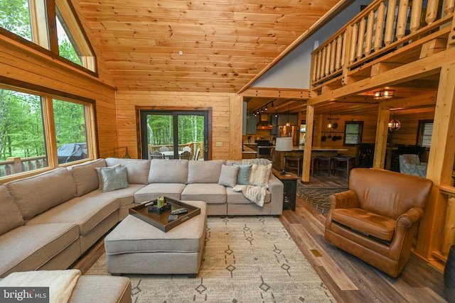 90 Biltmore Ridge Trl, Mc Henry, MD 21541 - living room with wood walls, wood ceiling, wood finished floors, and high vaulted ceiling