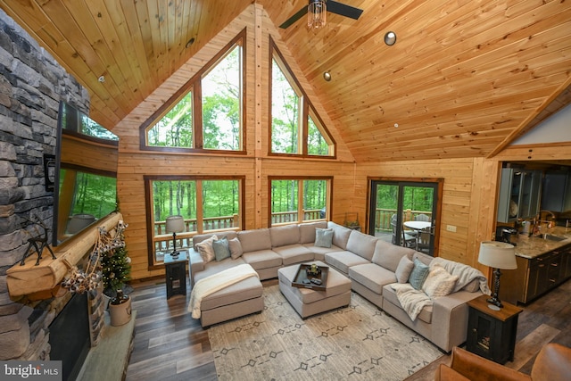 90 Biltmore Ridge Trl, Mc Henry, MD 21541 - living area featuring wood ceiling, high vaulted ceiling, wooden walls, wood finished floors, and a ceiling fan