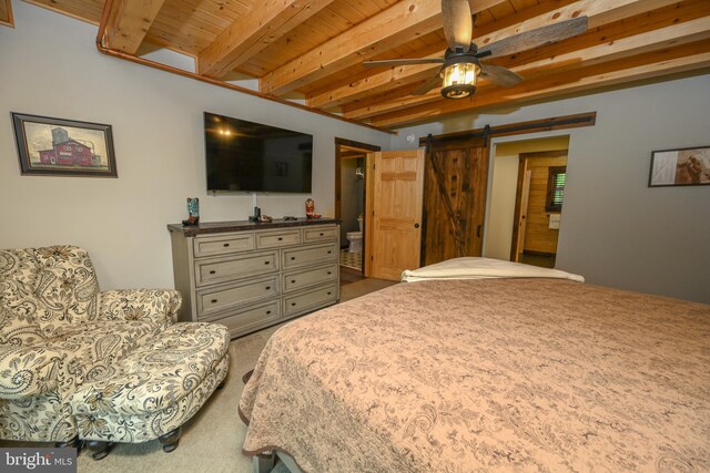 90 Biltmore Ridge Trl, Mc Henry, MD 21541 - carpeted bedroom featuring a barn door, wooden ceiling with exposed beams, and ensuite bath