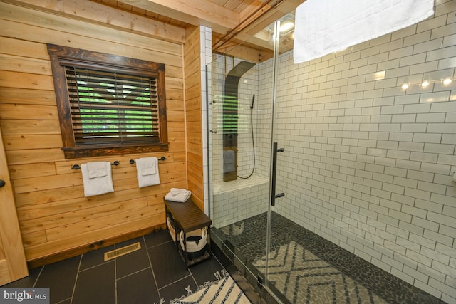 90 Biltmore Ridge Trl, Mc Henry, MD 21541 - bathroom with tile patterned flooring, a stall shower, and wooden walls