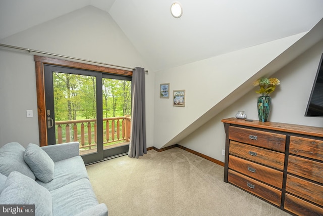 90 Biltmore Ridge Trl, Mc Henry, MD 21541 - living room featuring vaulted ceiling, light carpet, and baseboards