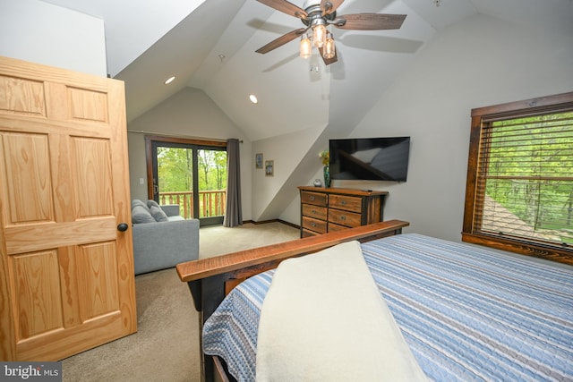90 Biltmore Ridge Trl, Mc Henry, MD 21541 - bedroom featuring carpet floors, lofted ceiling, access to exterior, a ceiling fan, and recessed lighting