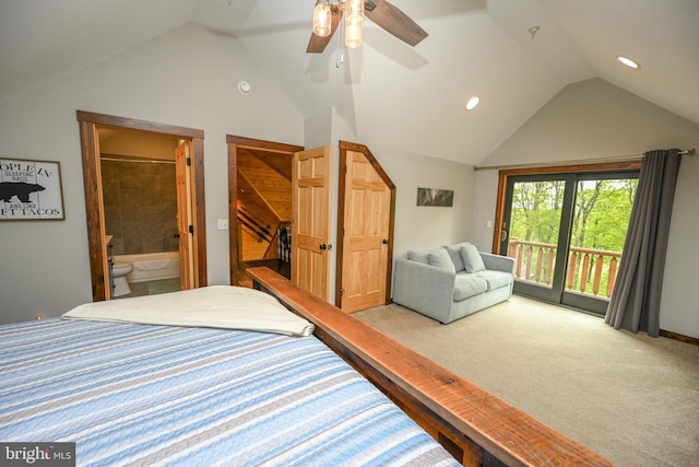 90 Biltmore Ridge Trl, Mc Henry, MD 21541 - carpeted bedroom featuring vaulted ceiling, access to exterior, connected bathroom, a ceiling fan, and recessed lighting