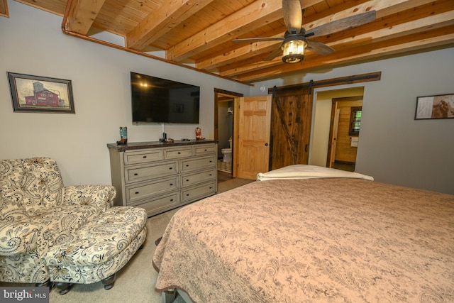 90 Biltmore Ridge Trl, Mc Henry, MD 21541 - carpeted bedroom featuring wooden ceiling with exposed beams, a barn door, and ensuite bathroom