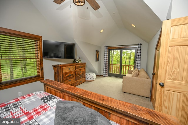 90 Biltmore Ridge Trl, Mc Henry, MD 21541 - bedroom featuring lofted ceiling, access to exterior, carpet flooring, and ceiling fan