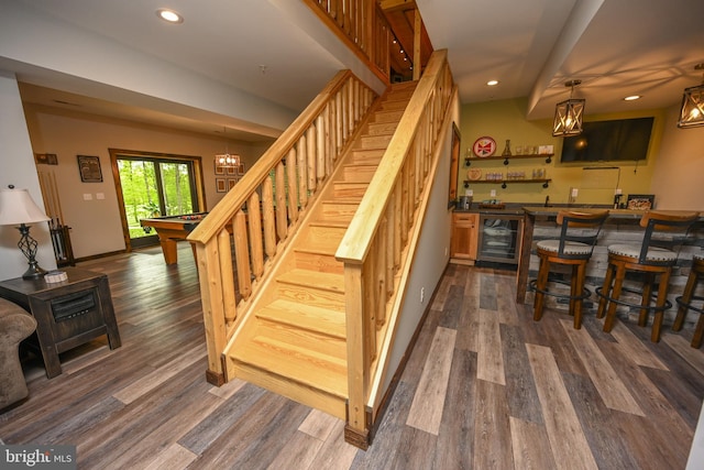 90 Biltmore Ridge Trl, Mc Henry, MD 21541 - staircase with wet bar, wine cooler, wood finished floors, recessed lighting, and billiards table