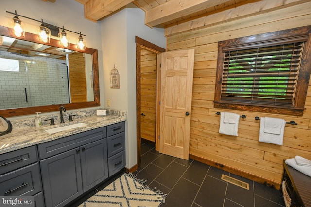 90 Biltmore Ridge Trl, Mc Henry, MD 21541 - bathroom featuring vanity, wooden walls, a shower stall, wooden ceiling with exposed beams, and tile patterned flooring